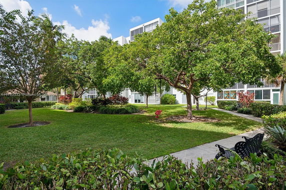 View of a grassy courtyard area with trees and a modern building in the background.