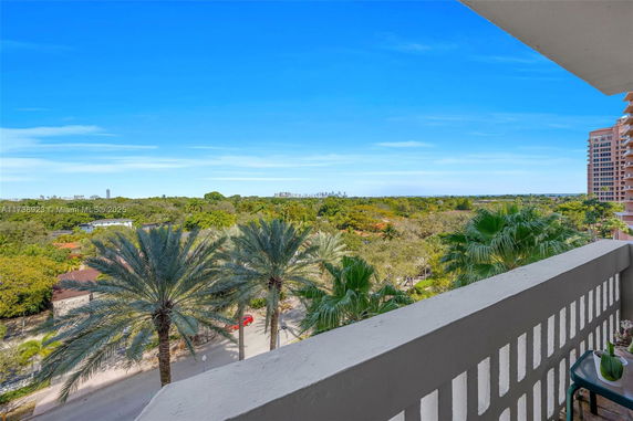 Wide angle view from a balcony overlooking a landscape with trees and distant buildings.