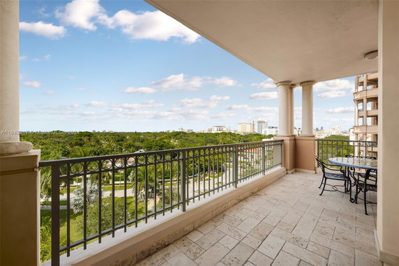 View from a balcony overlooking a green area and distant cityscape.