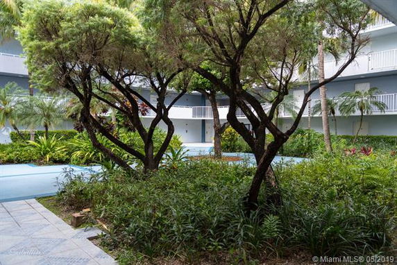 Courtyard area with trees and greenery surrounded by building structure with balconies.
