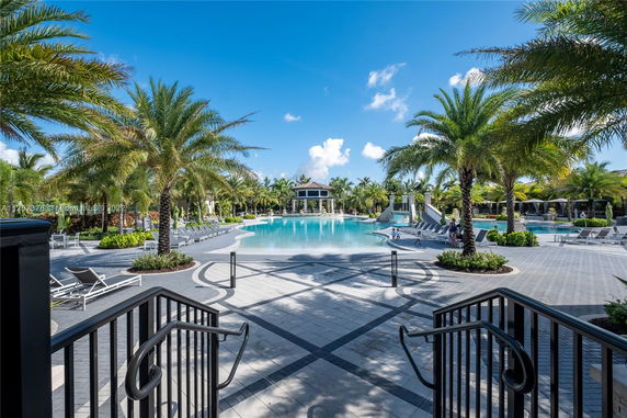 Outdoor swimming pool area with surrounding palm trees and lounge chairs.