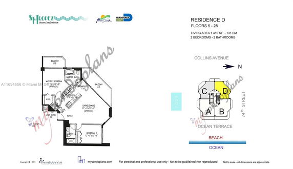 Floor plan for Residence D, featuring two bedrooms and two bathrooms, includes living/dining area, kitchen, master bedroom with bath, and balcony.