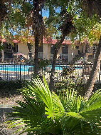 Outdoor swimming pool area surrounded by residential buildings and palm trees.