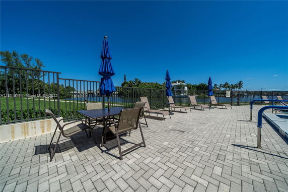 Patio area with outdoor furniture and blue umbrellas, overlooking a waterway and greenery.