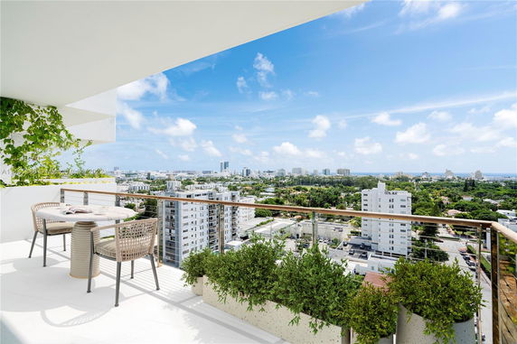 View from a balcony overlooking a cityscape with tall buildings and greenery.