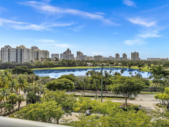 Distant view of high-rise buildings with a lake and palm trees in the foreground.