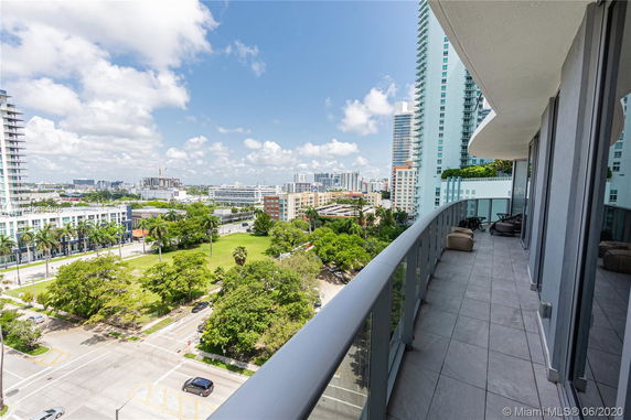 Panoramic view from a balcony overlooking a cityscape with multiple high-rise buildings and a green park area.