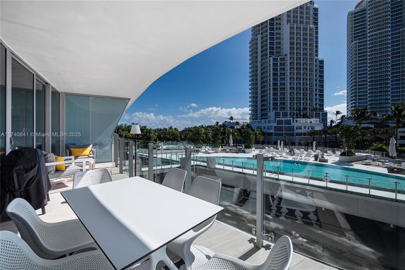Outdoor view from a balcony overlooking a swimming pool and high-rise buildings.