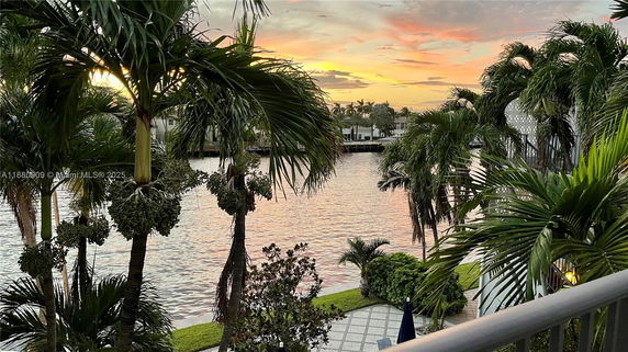 View of a waterfront area with palm trees and a sunset in the background.