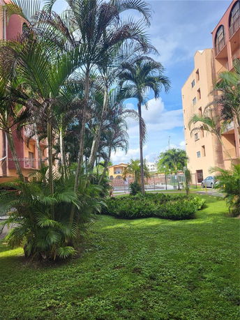 View of surrounding area with tall palm trees and adjacent buildings.