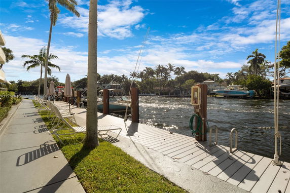 View of a waterfront area with docked boats and palm trees.