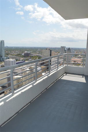 Panoramic view from a high-rise building balcony overlooking a cityscape.