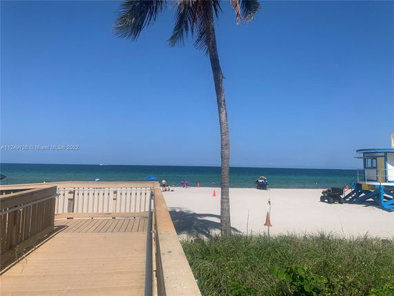 View of a beach with clear sky, palm tree, boardwalk, and lifeguard tower.