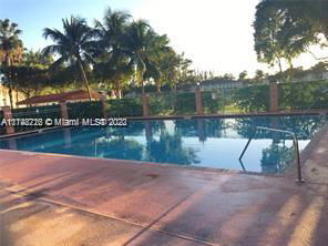 Outdoor swimming pool surrounded by palm trees and a fence.