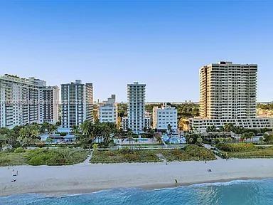 View of multiple beachfront high-rise buildings.