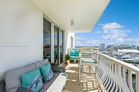 Balcony view overlooking the cityscape and water.