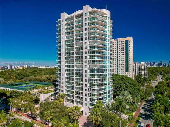 Elevated view of a tall residential building.