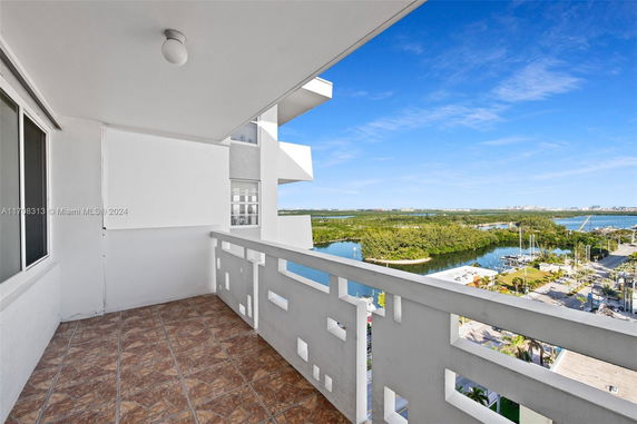 Balcony view of surrounding landscape and water body from a building.
