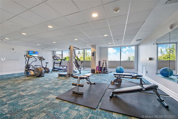 Interior of a gym with fitness equipment and large windows.