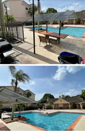 Outdoor swimming pool area with gazebo and seating.