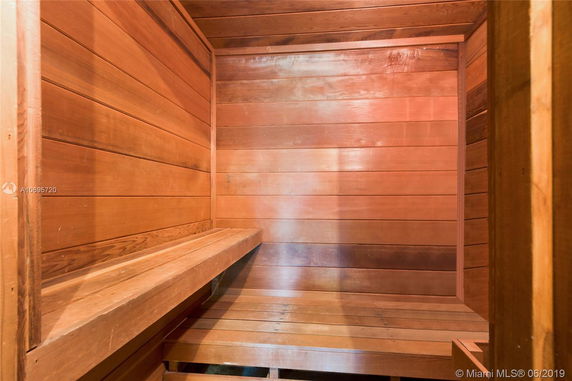 Interior view of a wooden sauna room.