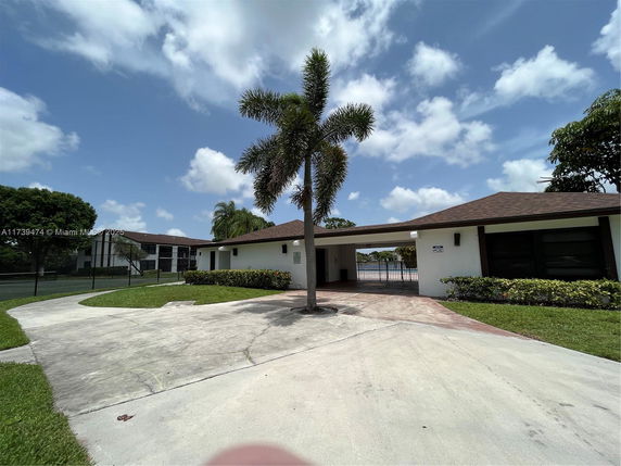 Front view of a single-story building with a driveway and a palm tree in front.