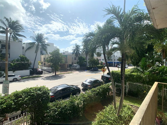 Street view with palm trees and parked cars, visible buildings in the background.