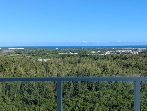 Wide angle view of the surrounding area with forest and ocean visible.