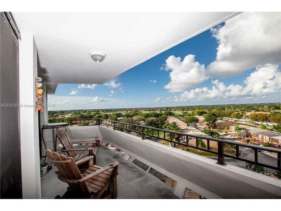 View from a balcony showcasing surrounding neighborhoods and sky.