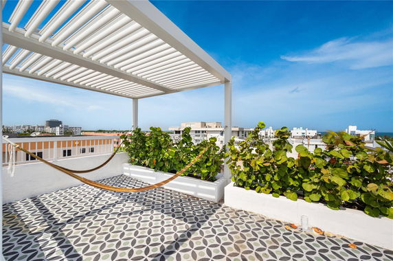 Rooftop with a hammock, pergola, and greenery.