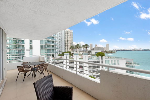 Panoramic view from the balcony overlooking modern high-rise buildings and waterfront.