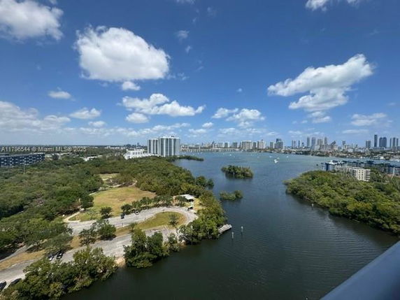 Panoramic view of a river with surrounding greenery and cityscape in the distance.