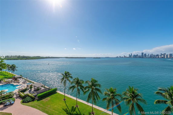 Wide view of a waterfront area with palm trees and distant cityscape.