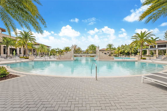 Outdoor swimming pool area with palm trees and deck chairs.