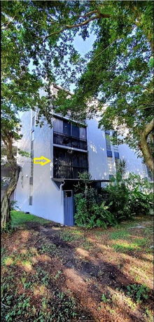 Front view of a multi-story building with balconies and surrounded by trees.