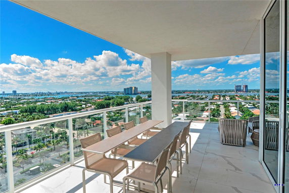 View from a high-rise balcony overlooking a cityscape and distant bodies of water.