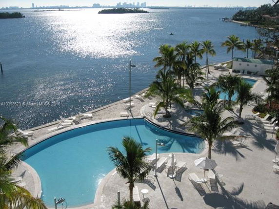 Aerial view of a swimming pool area near the waterfront with palm trees and lounge chairs.