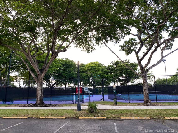 View of a tennis court surrounded by trees and fencing.