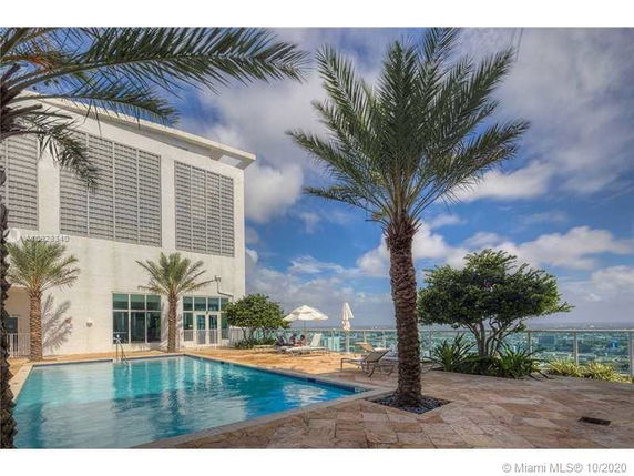 Outdoor swimming pool area with surrounding palm trees on a rooftop.
