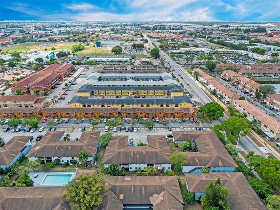 Panoramic view of a residential area with multiple apartment buildings and streets.