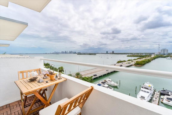 View from a balcony overlooking a body of water with distant cityscape.