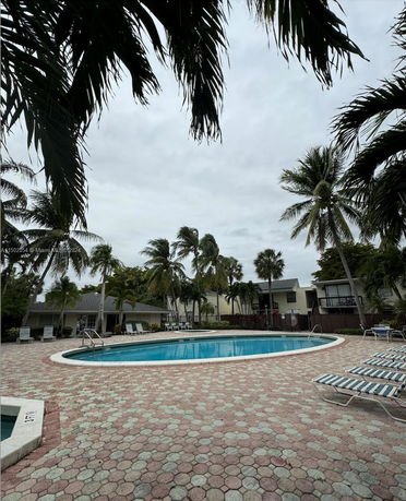 Outdoor swimming pool area with surrounding palm trees and lounge chairs.