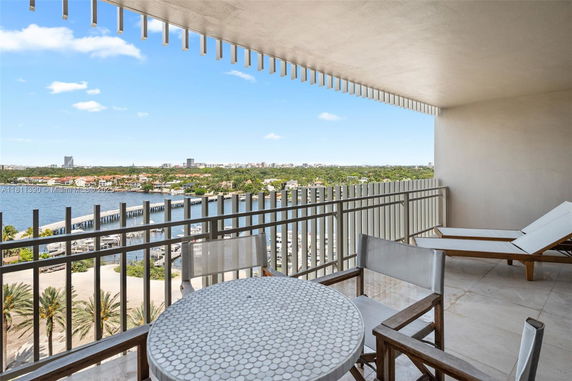 Balcony view overlooking a river and city skyline with outdoor seating.