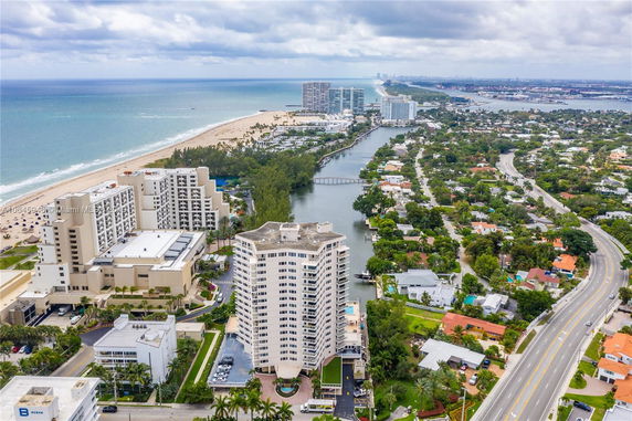 Panoramic view of coastal high-rise buildings near a beach.