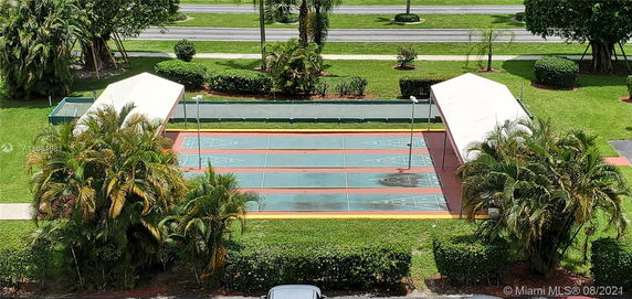 Overhead view of outdoor shuffleboard courts surrounded by greenery.