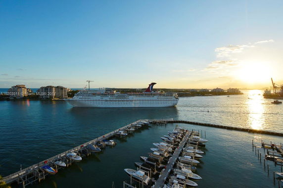 View of a marina with several docked boats and a large cruise ship passing by in the background.