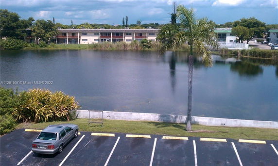 View of a parking area with a car and a lake in the background, surrounded by greenery.