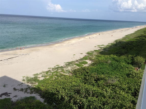 Panoramic view of a beach with sand, ocean, and greenery.