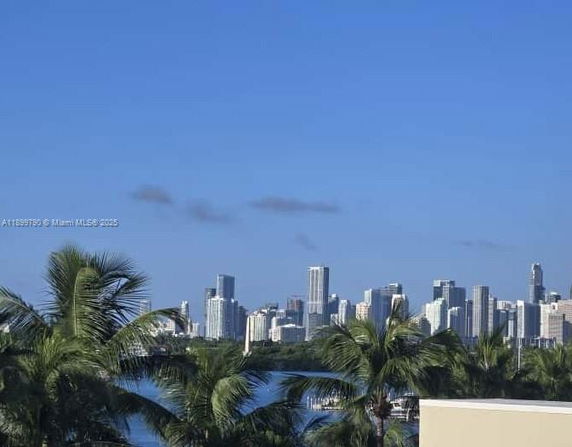 Panoramic view of a city skyline with tall buildings and palm trees in the foreground.