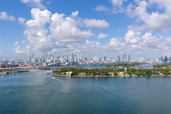 Wide-angle view of city skyline across water.